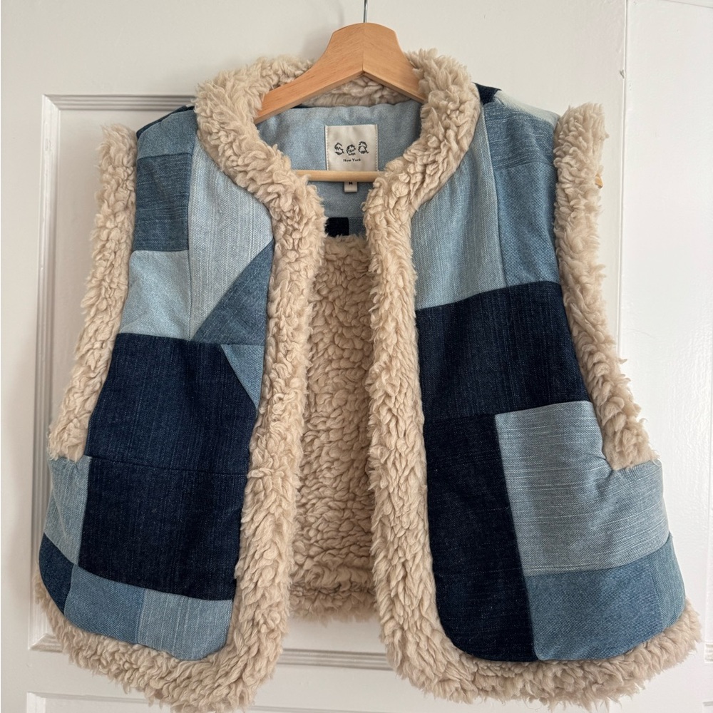 Sea Blue and Cream Patchwork Vest with Sherpa Lining